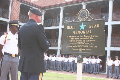 COL Morrison accepts the marker on behalf of Fishburne Military School and reads the inscription to the assembled Corps of Cadets