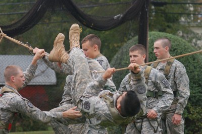 Fishburne Military School Raiders race to complete one-rope bridge crossing