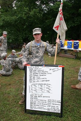 Fishburne Military School Cadet Cody Chappel, Commander of JCLC Eagle's A Company, shows his training matrix as his Cadets sit down to lunch at Fort Pickett