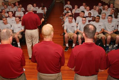 Fishburne Summer Cadets are introduced to their faculty advisors in Lawton Chapel