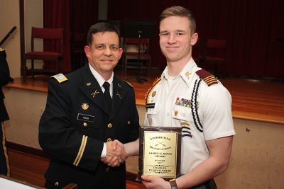 State Swimming Qualifier, Cadet Charles Fessler-Krebs was presented with Fishburne Military School's James G. Hogg Award