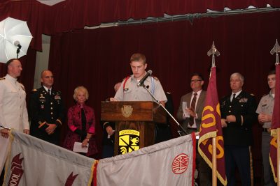 Fishburne Military School Cadet Connor Green acts a master of ceremonies for FMS' Blessing of the Colors