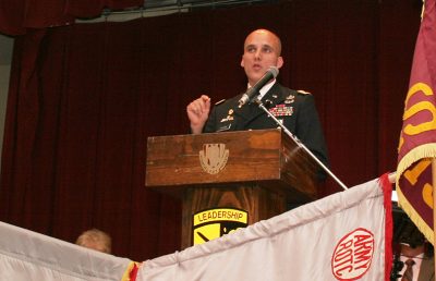 LTC Tolman addresses the Fishburne Military School Corps of Cadets